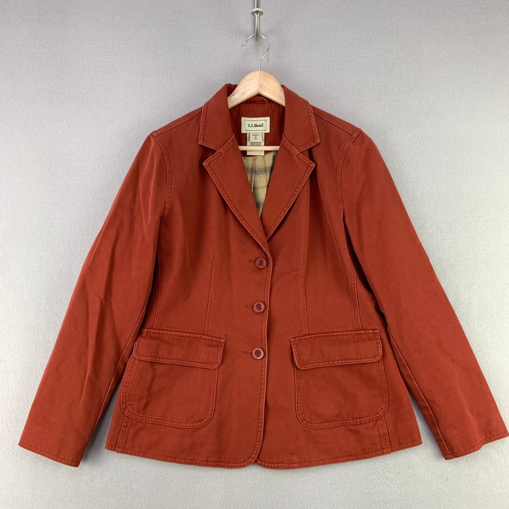 LL Bean Cotton Twill Blazer Jacket Womens Small Red Rust Classic Plaid Lined